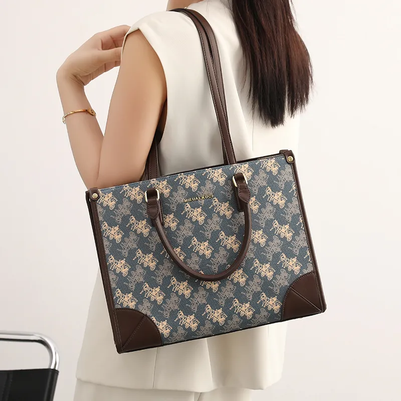 H YXIANG Microfiber Synthetic Leather Tote Bag Shopping Bag Handbag Women's Blue-2