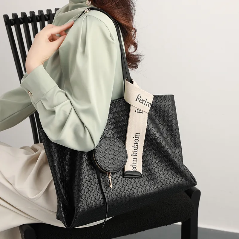 H YXIANG Microfiber Synthetic Leather Tote Bag, Shopping Bag, Shoulder Bag Women's Black-5