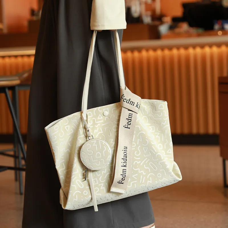 H YXIANG Microfiber Synthetic Leather Tote Bag Shoulder Bag Women's Ecru/Pink-3