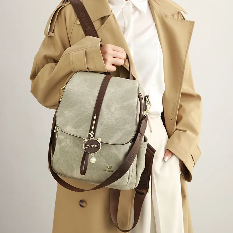 H YXIANG Microfiber Synthetic Leather Backpack Women's Green-4
