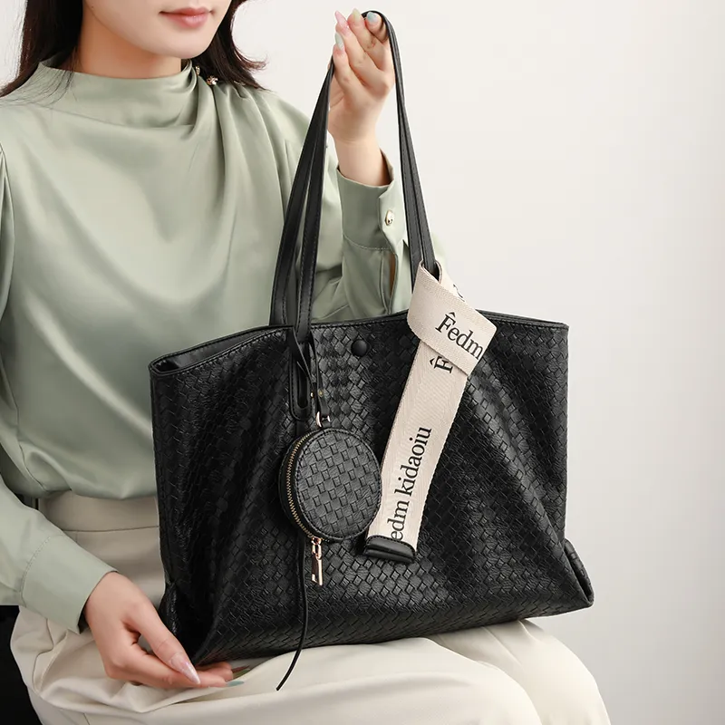H YXIANG Microfiber Synthetic Leather Tote Bag, Shopping Bag, Shoulder Bag Women's Black-6