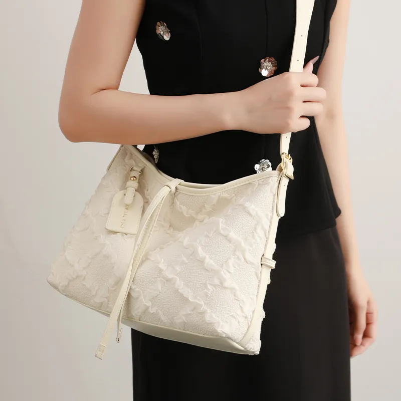 H YXIANG Microfiber Synthetic Leather Tote Bag, Shoulder Bag Women's Ecru-6