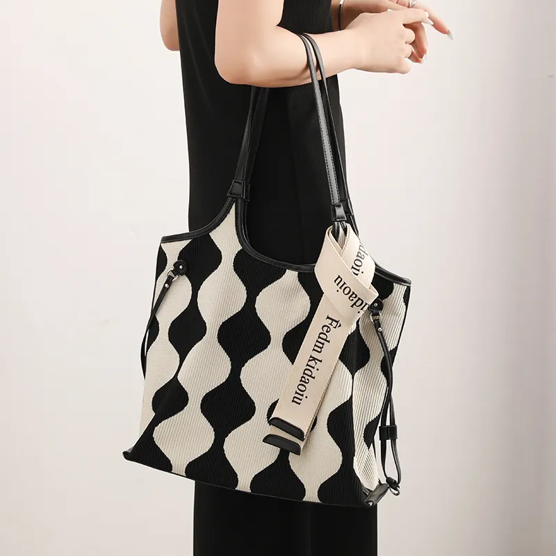 H-YXIANG Microfiber Synthetic Leather Tote Bag Shoulder Bag Women's Black White Color Blocking-5