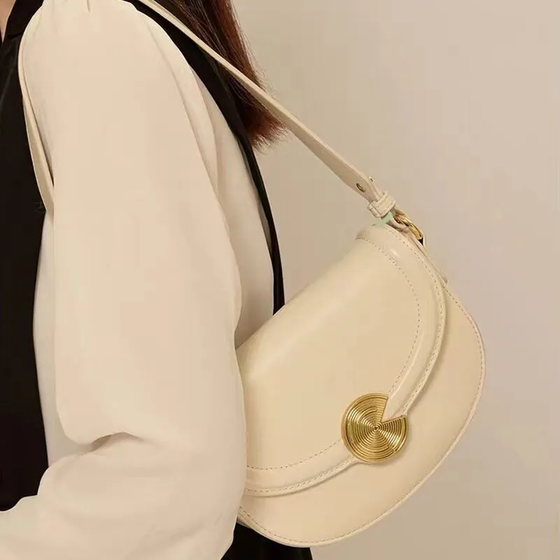 H YXIANG Cow Leather Shoulder Bag Women's Ecru/Brown-1