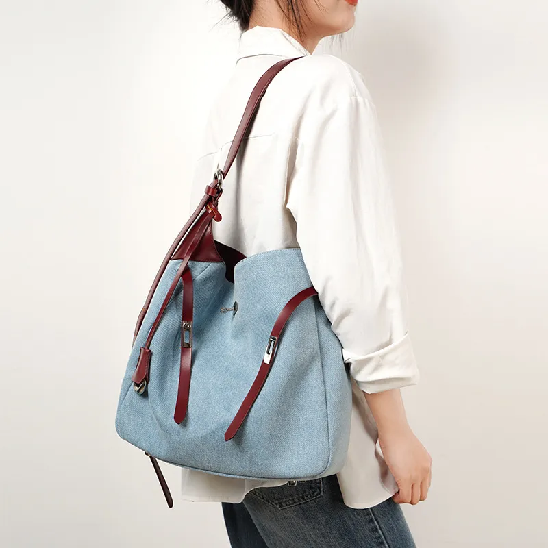 H YXIANG Denim Shoulder Bag Regular Women's Blue & Burgundy/Blue & Pink-4
