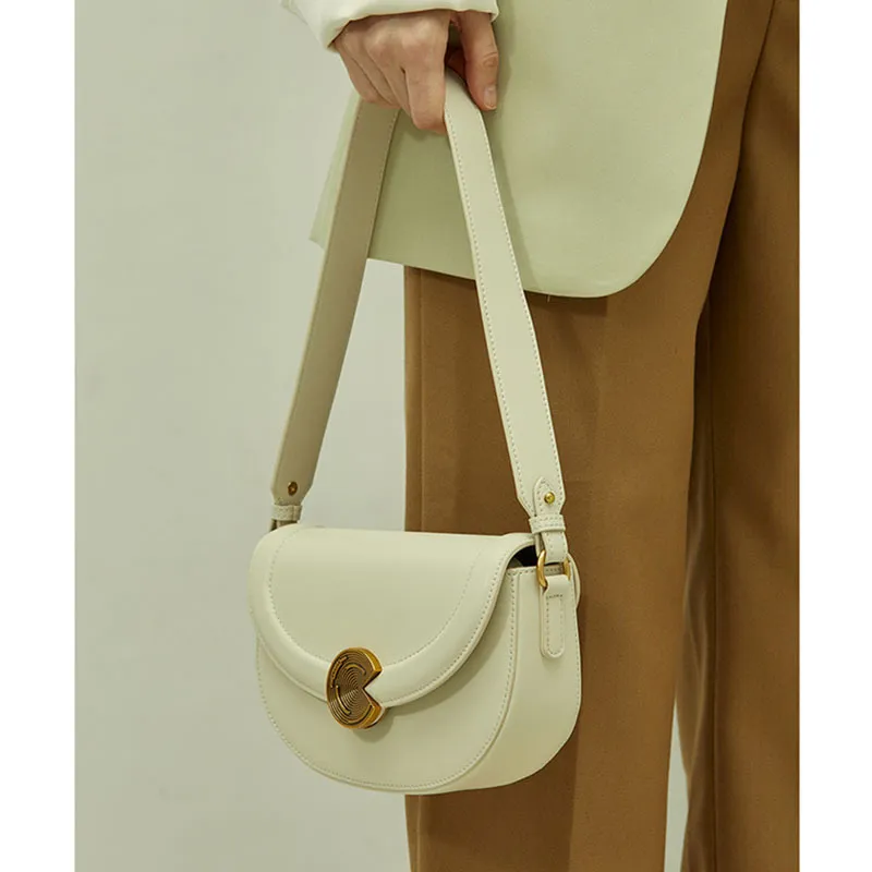 H YXIANG Cow Leather Shoulder Bag Women's Ecru/Brown-2