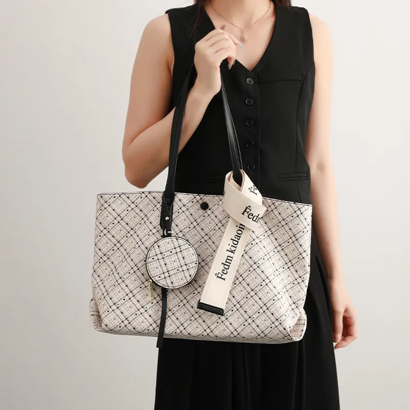 H YXIANG Microfiber Synthetic Leather Tote Bag, Shoulder Bag Women's Ecru-2