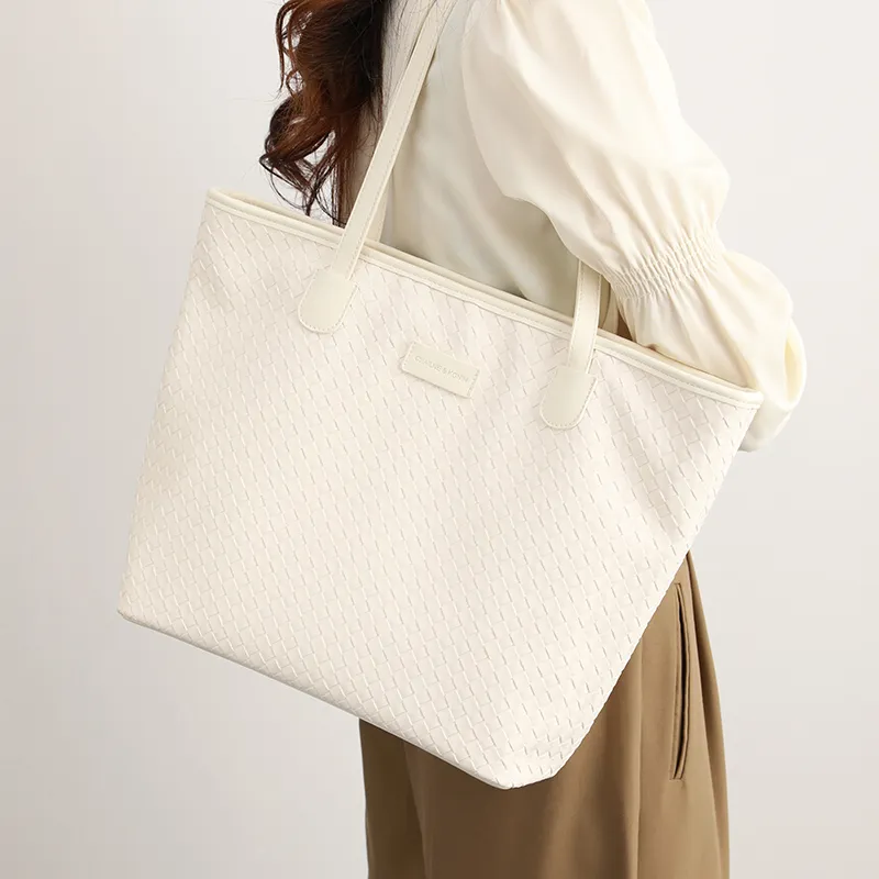 H YXIANG Synthetic Leather Tote Handbag, Shoulder Bag Women's Ecru-2