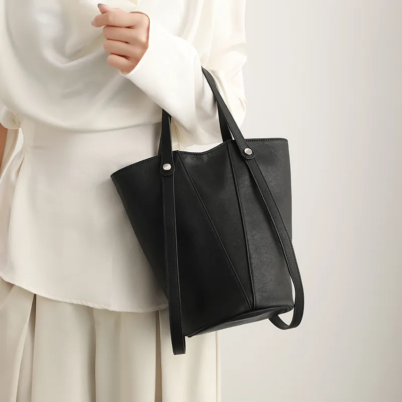 H YXIANG Microfiber Synthetic Leather Bucket Bag Handbag Women's Black-5