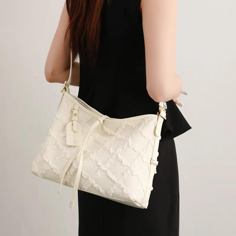 H YXIANG Microfiber Synthetic Leather Tote Bag, Shoulder Bag Women's Ecru-5