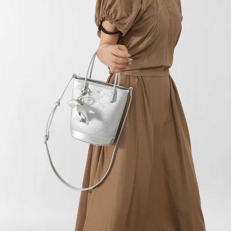 H YXIANG Microfiber Leather Bucket Bag, Shoulder Bag, Crossbody Bag, Handbag Women's Black/White/Pink/Silver-9