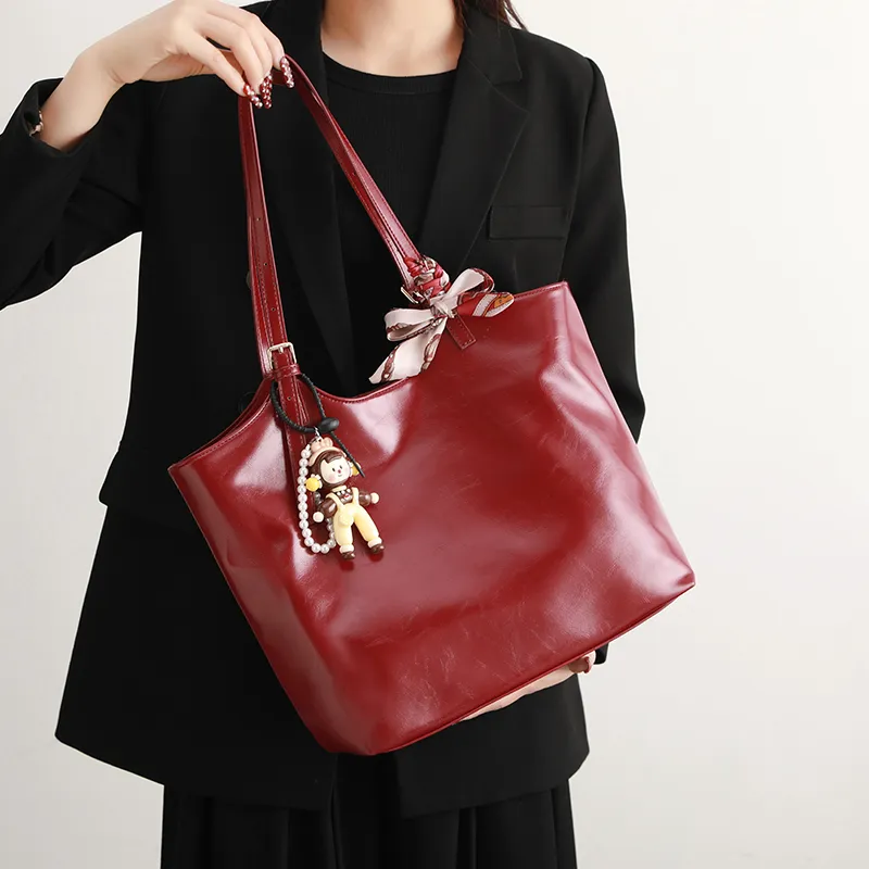 H YXIANG Microfiber Synthetic Leather Tote Bag Shoulder Bag Women's Red-5