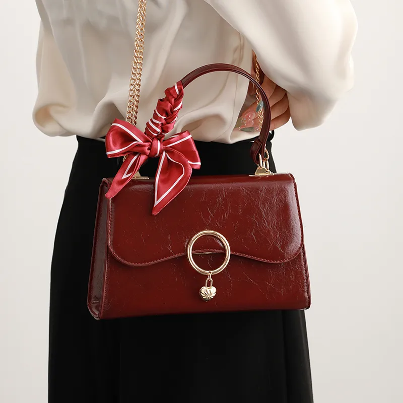 H YXIANG Microfiber Synthetic Leather One Shoulder Handbag Women's Red-5