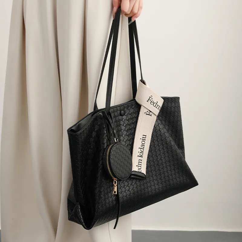 H YXIANG Microfiber Synthetic Leather Tote Bag, Shopping Bag, Shoulder Bag Women's Black-2