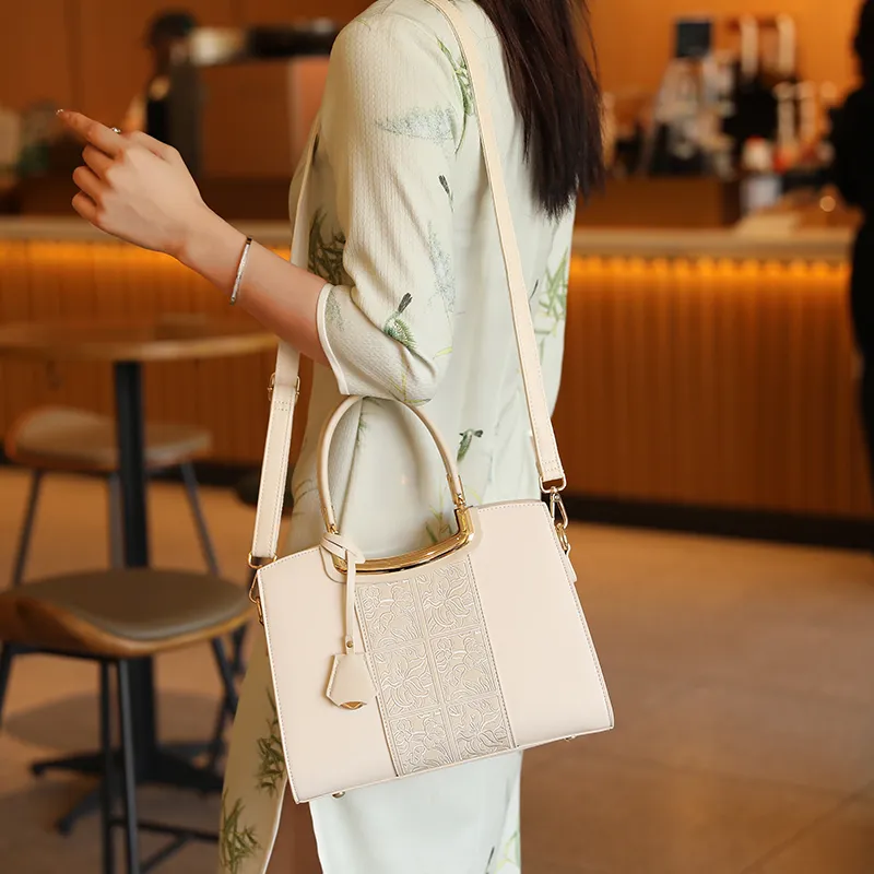 H YXIANG Microfiber Synthetic Leather Tote Bag Shopping Bag Handbag Women's Ecru-4