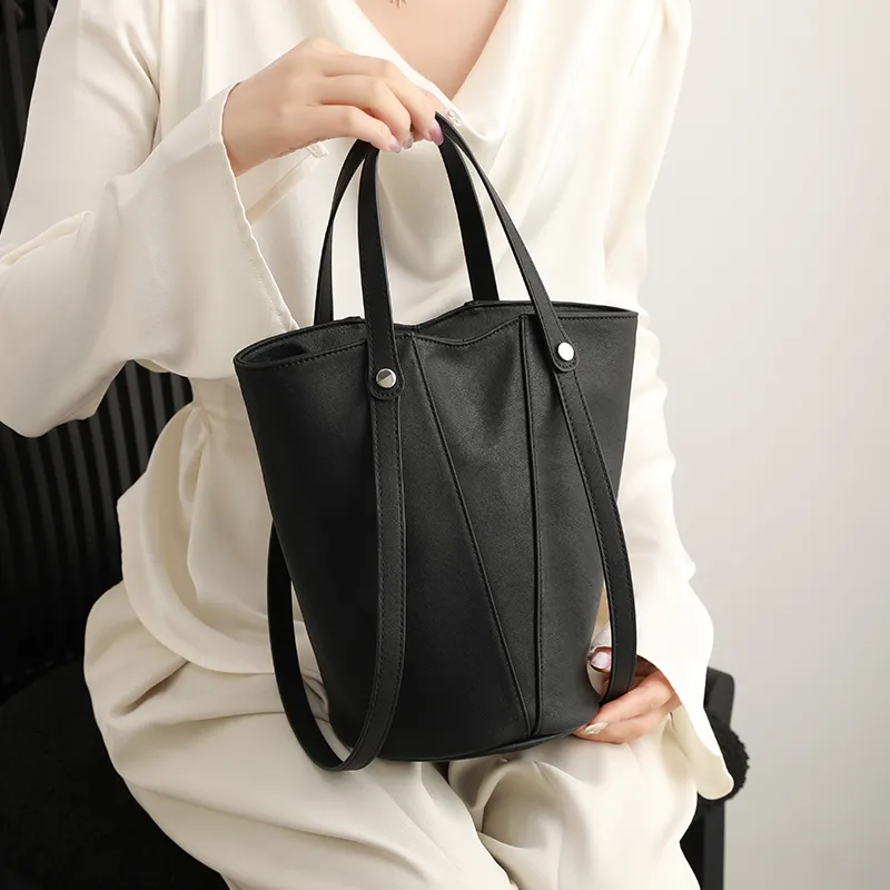 H YXIANG Microfiber Synthetic Leather Bucket Bag Handbag Women's Black-6
