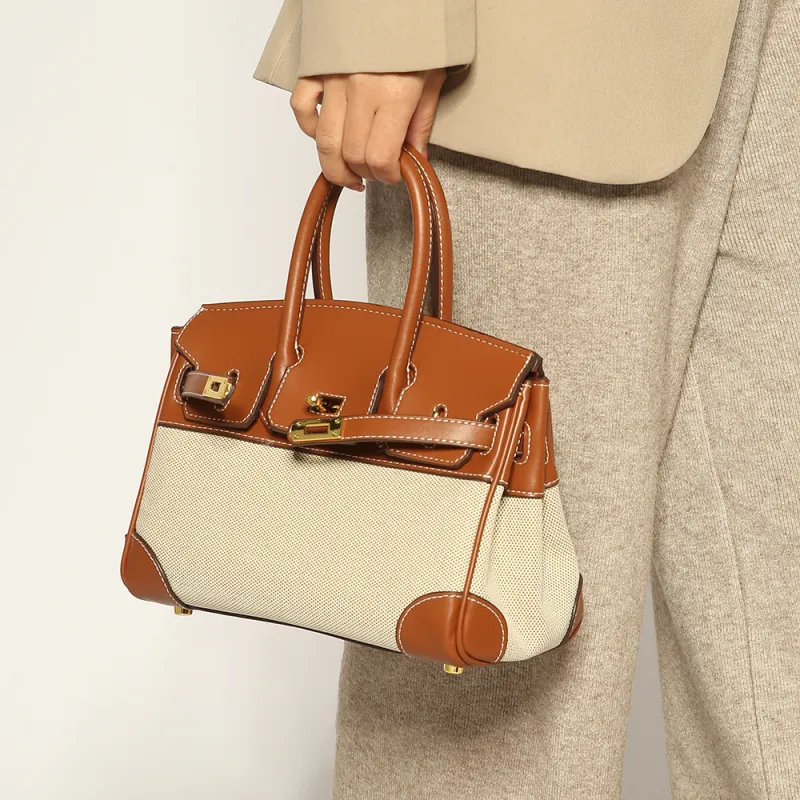 ALOENEY Cowhide Patchwork Canvas One Shoulder Handbags Women's Multicolor-1