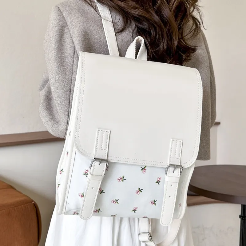 ALOENEY Polyester Backpack Regular Women's Ivory Small Flower/White Print-6