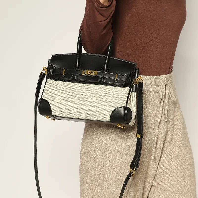ALOENEY Cowhide Patchwork Canvas One Shoulder Handbags Women's Multicolor-4