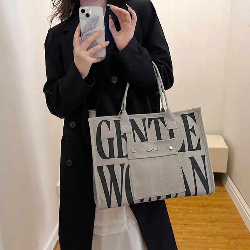 ALOENEY Canvas Tote Bag, Shopping Bag, Mommy Bag, Canvas Bag, Underarm Bag, Shoulder Bag Women's Gray/Khaki/Black/Ecru-1