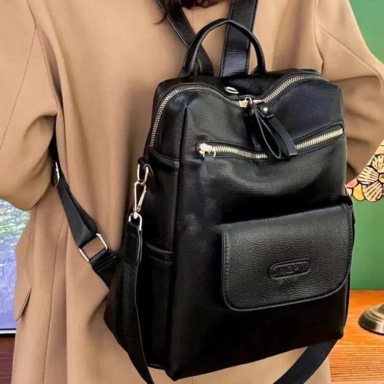 ALOENEY Genuine Leather, Top Grain Cow Leather, Soft Leather Travel Bag Backpack Regular Women's Black-3