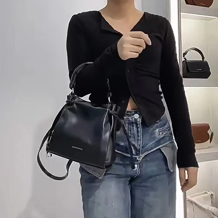 ALOENEY Cow Leather Crossbody One Shoulder Handbag Women's Black-1