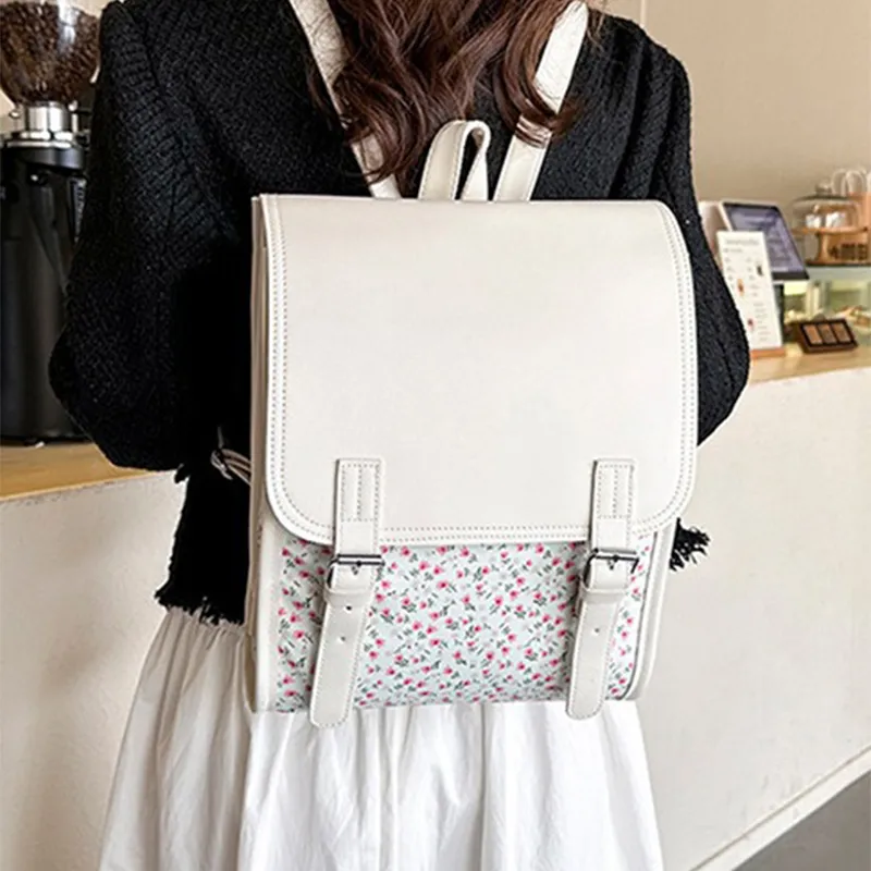 ALOENEY Polyester Backpack Regular Women's Ivory Small Flower/White Print-1