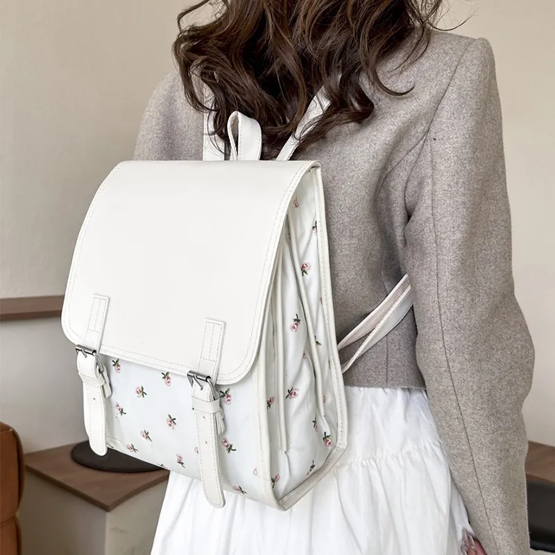 ALOENEY Polyester Backpack Regular Women's Ivory Small Flower/White Print-5