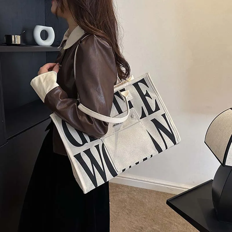 ALOENEY Canvas Tote Bag, Shopping Bag, Mommy Bag, Canvas Bag, Underarm Bag, Shoulder Bag Women's Gray/Khaki/Black/Ecru-14