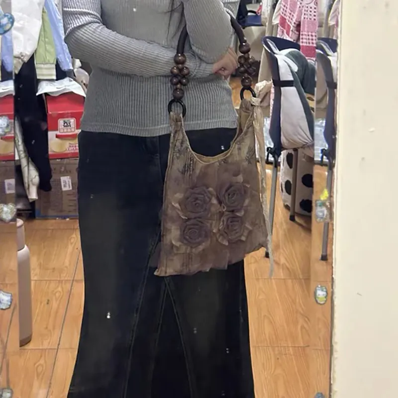ALOENEY Silk Handbag, Shoulder Bag Small Size Women's Chinese Black/Grass Wood Color-6