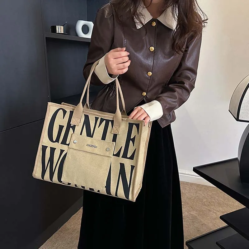 ALOENEY Canvas Tote Bag, Shopping Bag, Mommy Bag, Canvas Bag, Underarm Bag, Shoulder Bag Women's Gray/Khaki/Black/Ecru-5