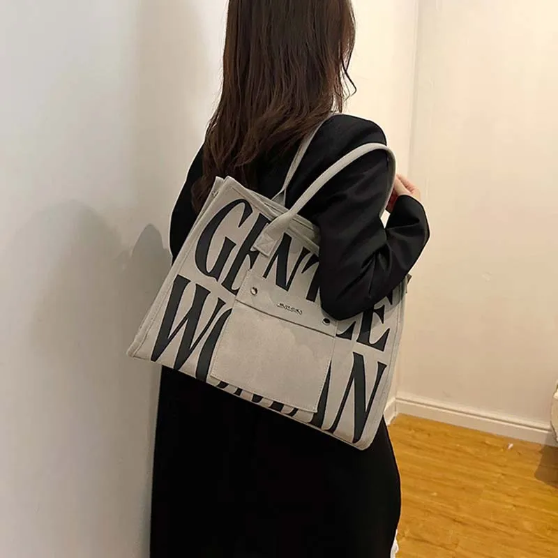 ALOENEY Canvas Tote Bag, Shopping Bag, Mommy Bag, Canvas Bag, Underarm Bag, Shoulder Bag Women's Gray/Khaki/Black/Ecru-2