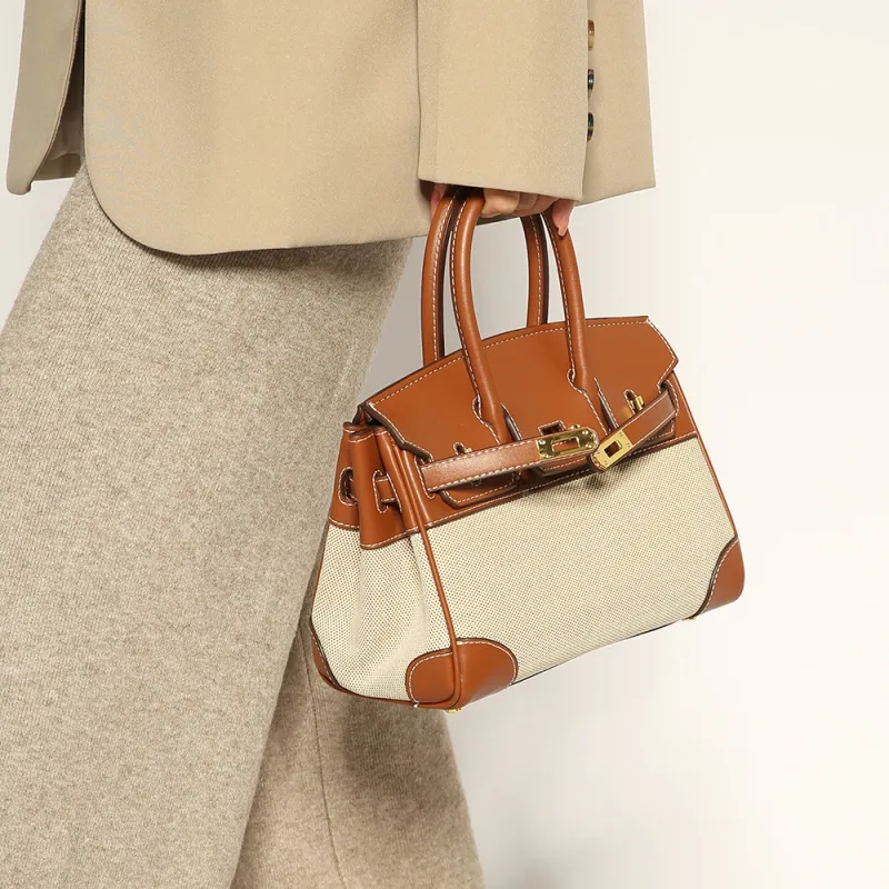 ALOENEY Cowhide Patchwork Canvas One Shoulder Handbags Women's Multicolor-2