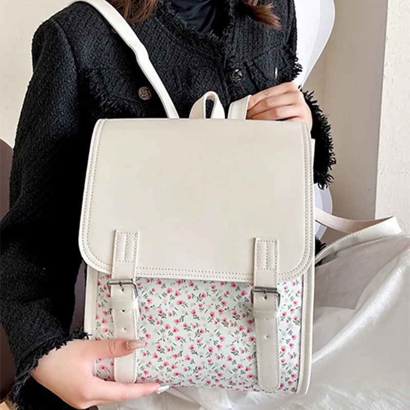 ALOENEY Polyester Backpack Regular Women's Ivory Small Flower/White Print-2