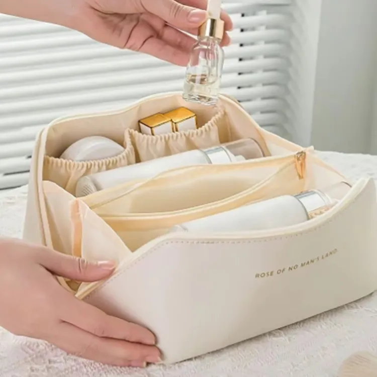 ALOENEY PU Toiletry Bag, Makeup Bag Regular Women's Milk Apricot White/Rose Pink/Classic Black-2