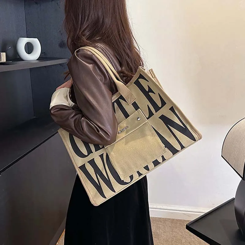 ALOENEY Canvas Tote Bag, Shopping Bag, Mommy Bag, Canvas Bag, Underarm Bag, Shoulder Bag Women's Gray/Khaki/Black/Ecru-6