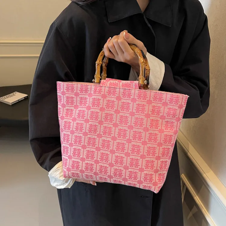 ALOENEY Fabric Tote Bag, Shopping Bag, Handbag Large Size Women's Pink/Burgundy-1
