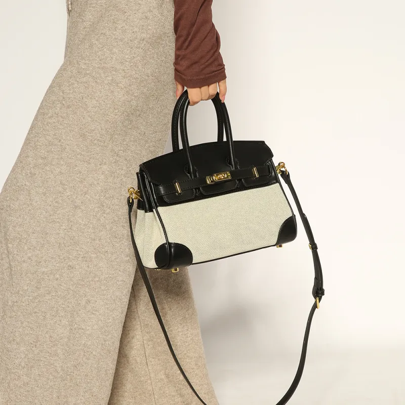 ALOENEY Cowhide Patchwork Canvas One Shoulder Handbags Women's Multicolor-5