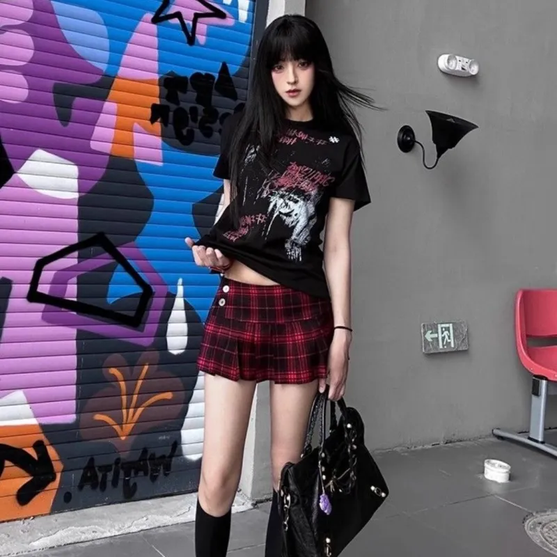 GLEE DIARY Casual Short Skirts Women's Red Black Plaid-3
