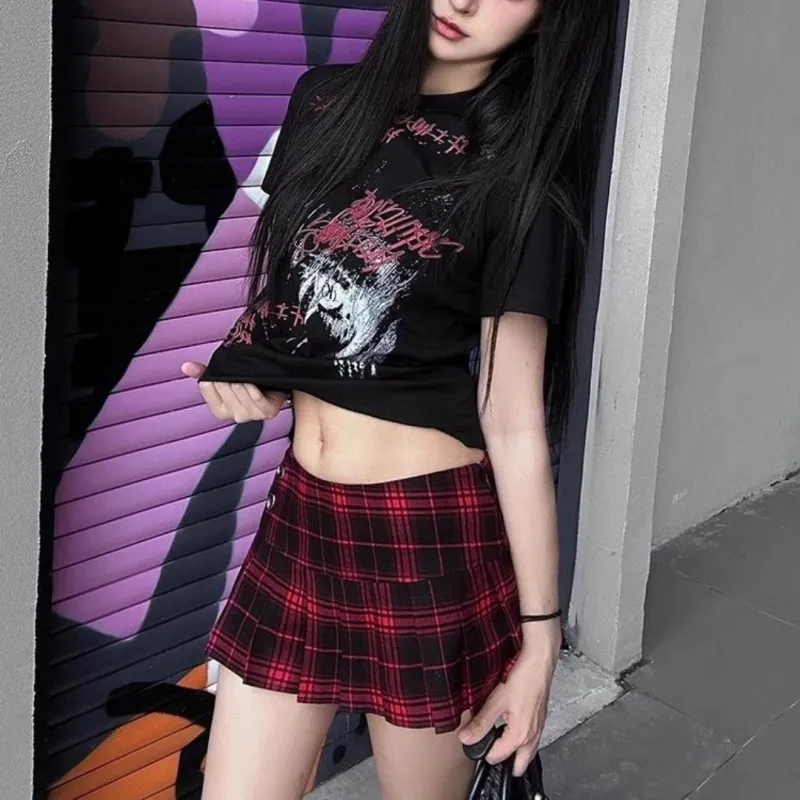 GLEE DIARY Casual Short Skirts Women's Red Black Plaid-2