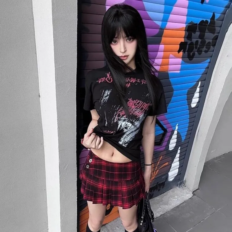 GLEE DIARY Casual Short Skirts Women's Red Black Plaid-4