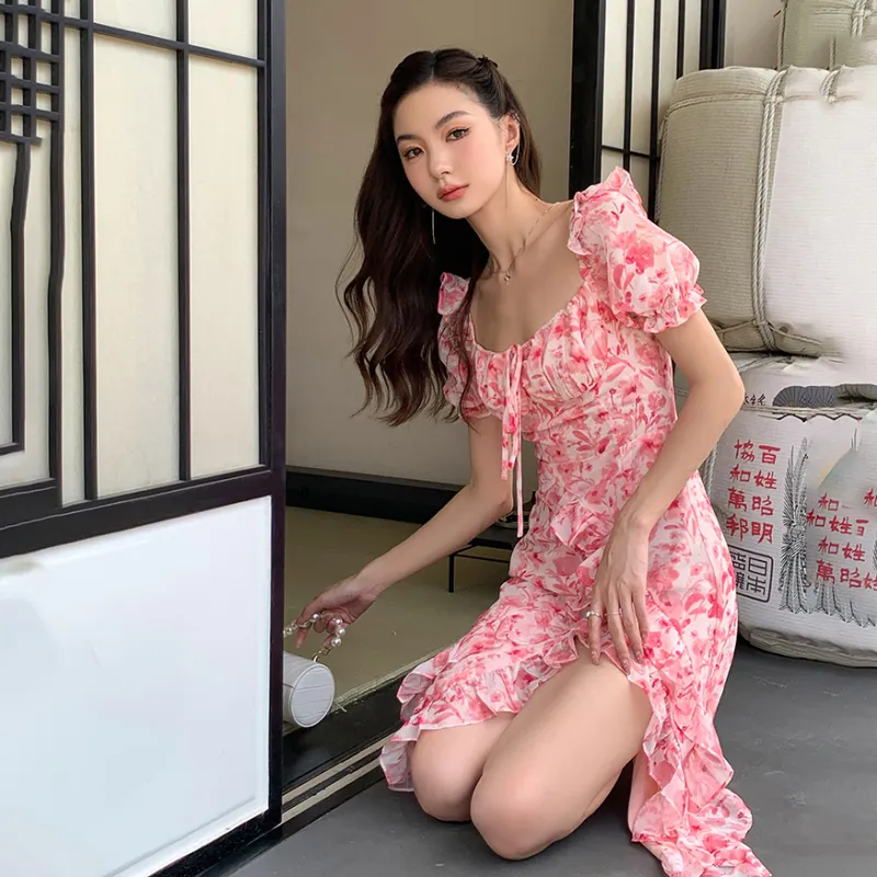 Short Sleeved Dress Women's Pink Long-7