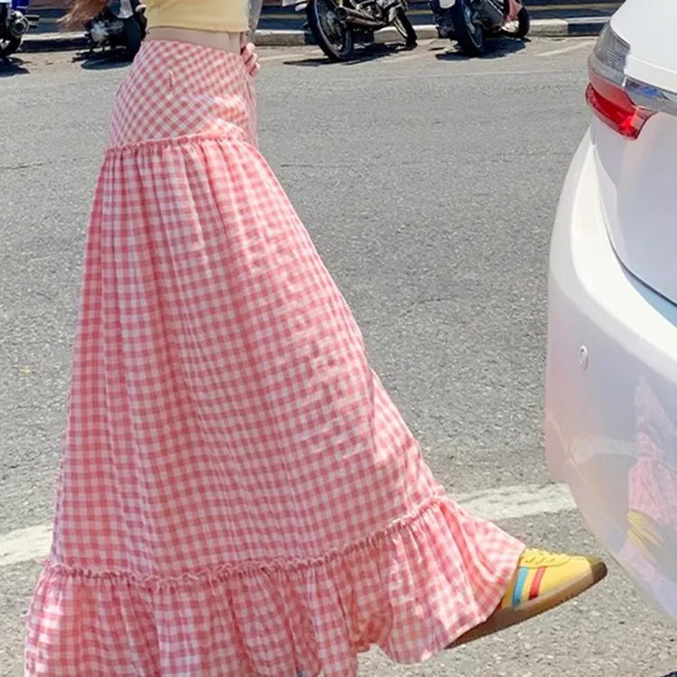 COVT Casual Long Skirt Women's Pink Plaid-7