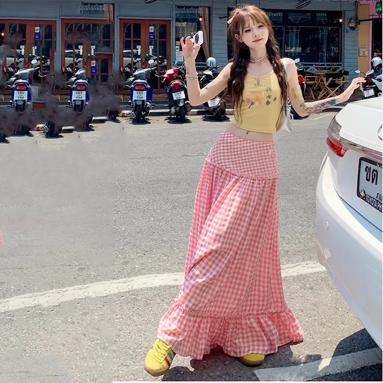 COVT Casual Long Skirt Women's Pink Plaid-4