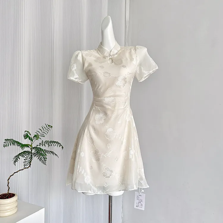Pa33word Short Sleeved Dress Women's Beige Apricot-11