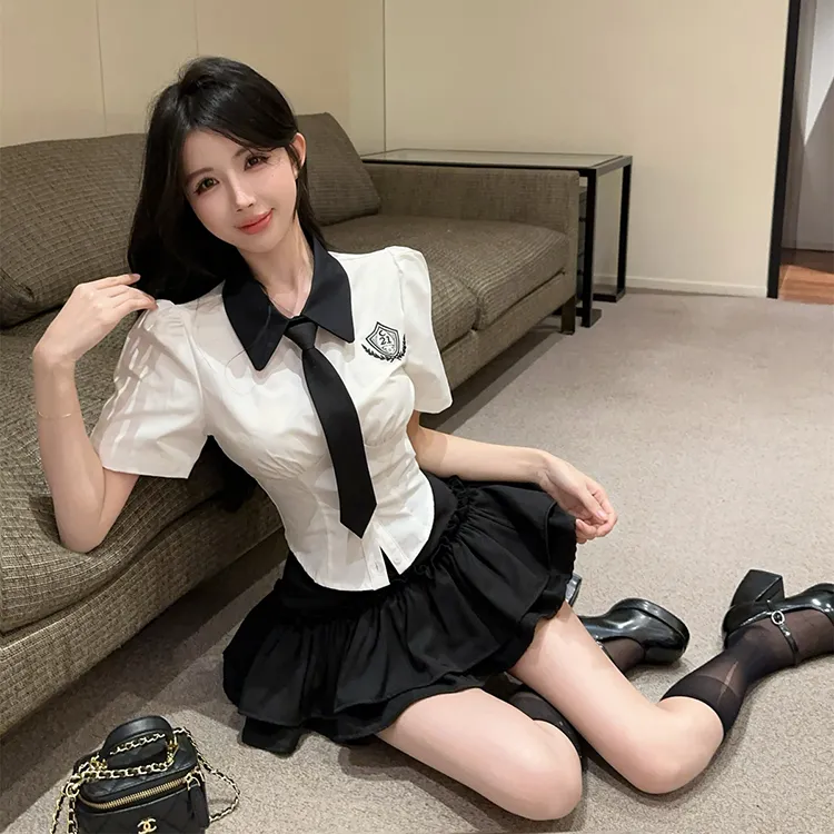 COVT Skirt Set Women's White Shirt Black Skirt Includes Tie-4