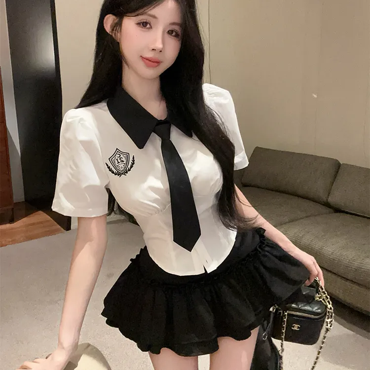 COVT Skirt Set Women's White Shirt Black Skirt Includes Tie-5