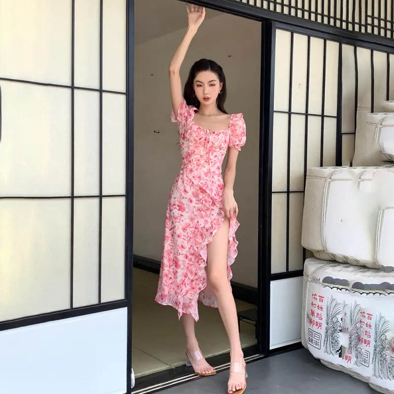 Short Sleeved Dress Women's Pink Long-2