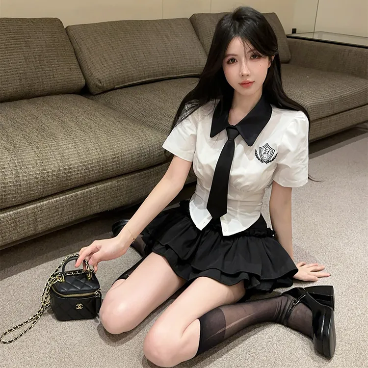 COVT Skirt Set Women's White Shirt Black Skirt Includes Tie-6