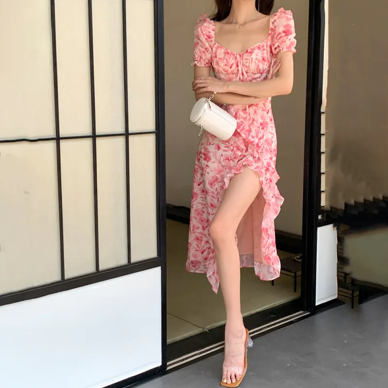 Short Sleeved Dress Women's Pink Long-3